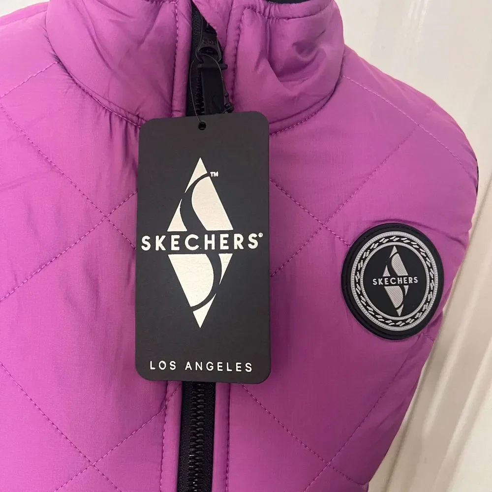 Skechers‎ Everyday Puffer Vest Womens XS Purple Black Quilted Sherpa W3JA243 NEW